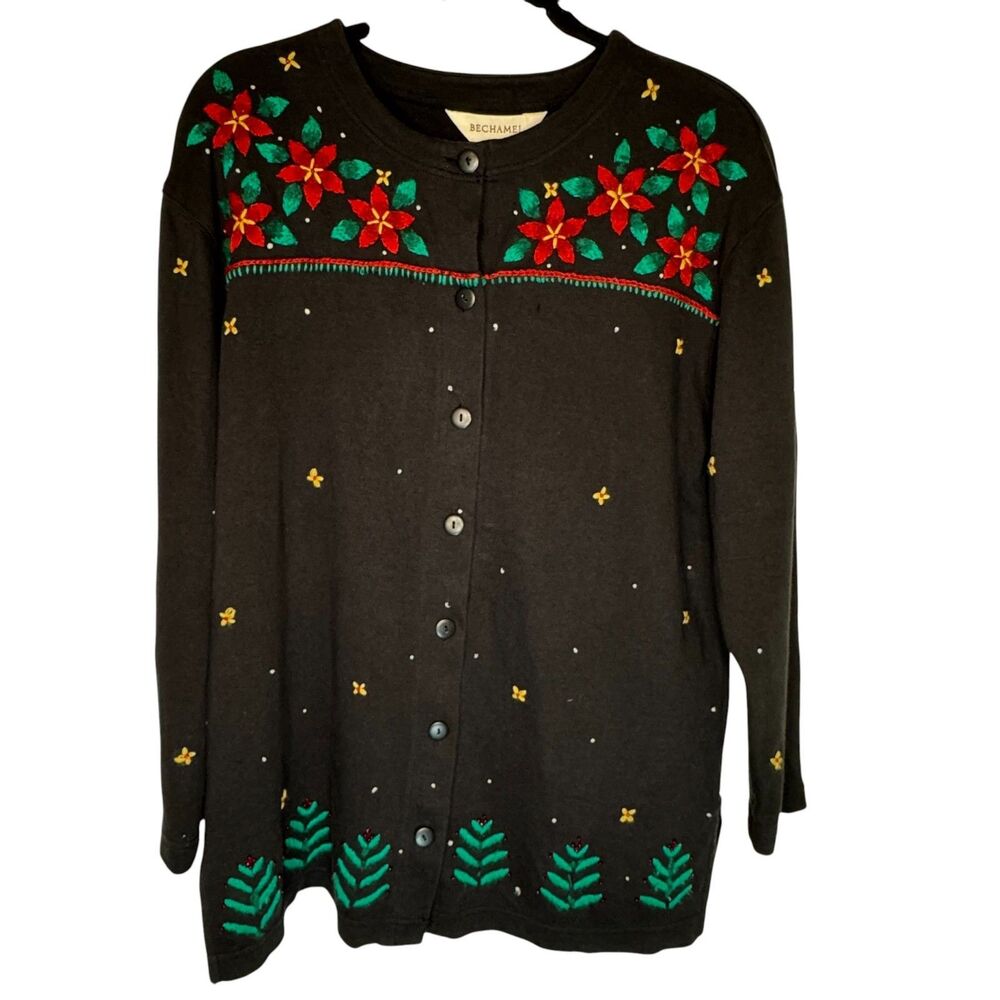 Bechamel Black Knit Button Christmas Cardigan Womens Small Poinsettia VTG FLAW‎